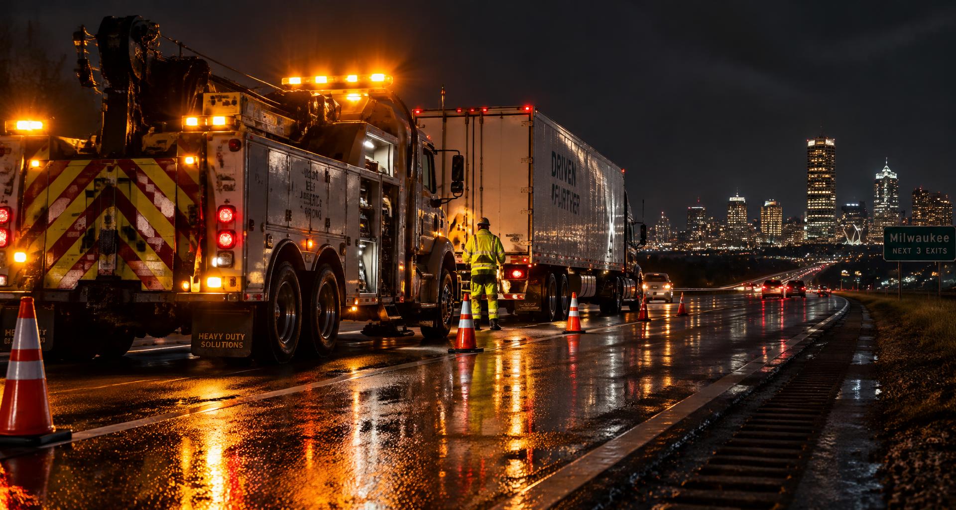 Heavy-duty service truck with amber strobes assisting a semi tractor-trailer on a night highway near Milwaukee